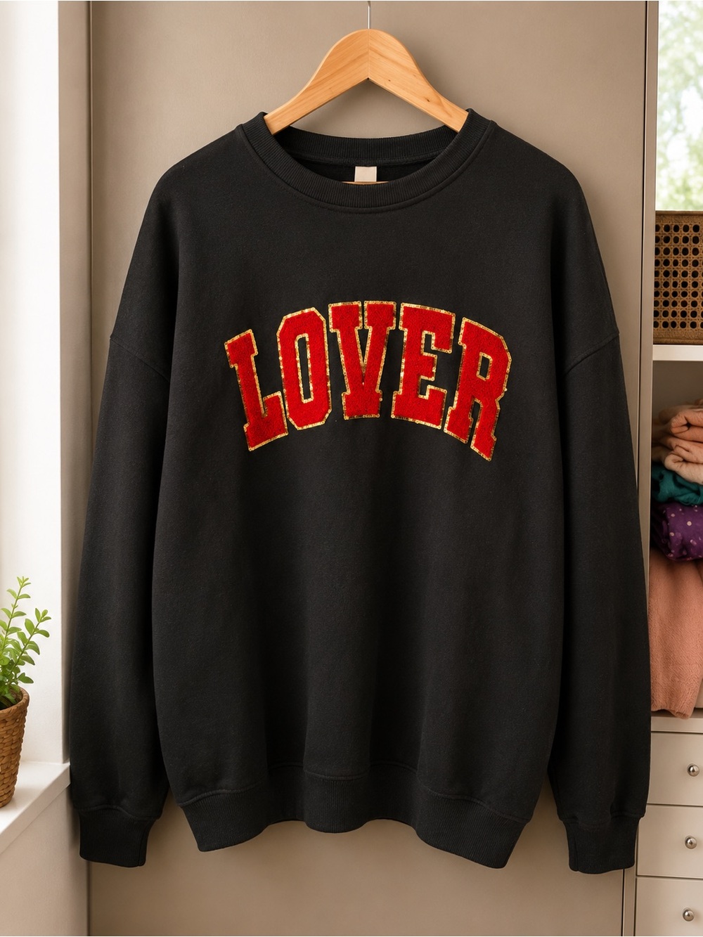 Black 'LOVER' Crewneck Sweater with Red Applique